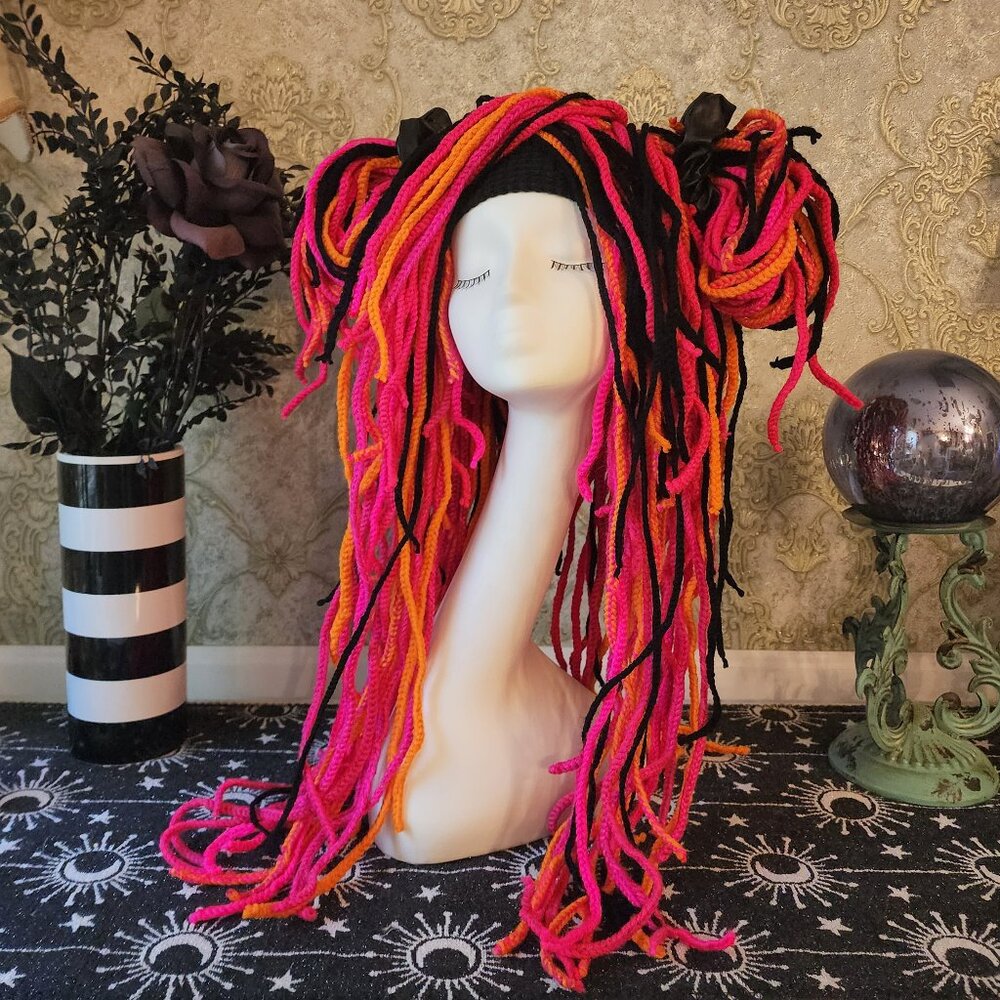 Handmade Large Layered Cyber Goth Pink Black And Orange Blend Braid Hair Falls